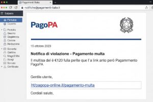 Finta email di notifica da un falso indirizzo legato a PagoPA, con testo sgrammaticato e un link sospetto per il pagamento di una multa da 120 euro.