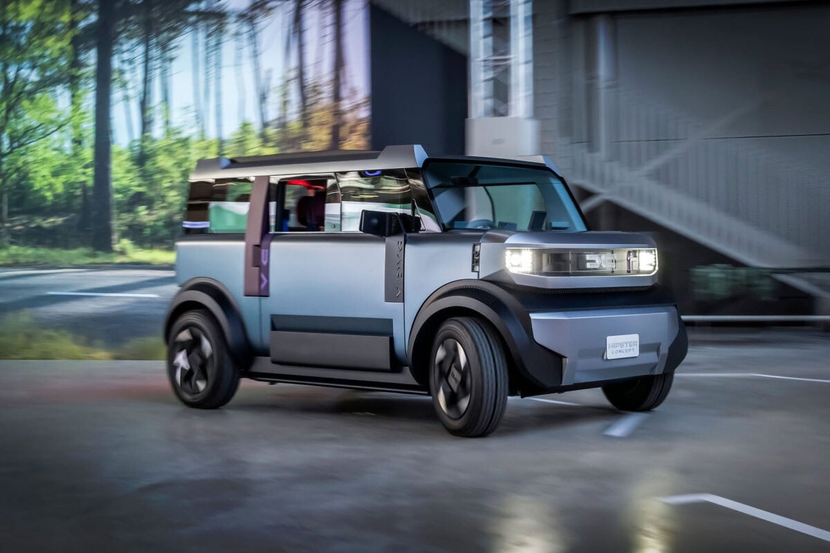 Veicolo elettrico futuristico, Dacia Hipster Concept a impatto zero, design innovativo e sostenibile, trasporto urbano avanzato, auto del futuro a zero emissioni.