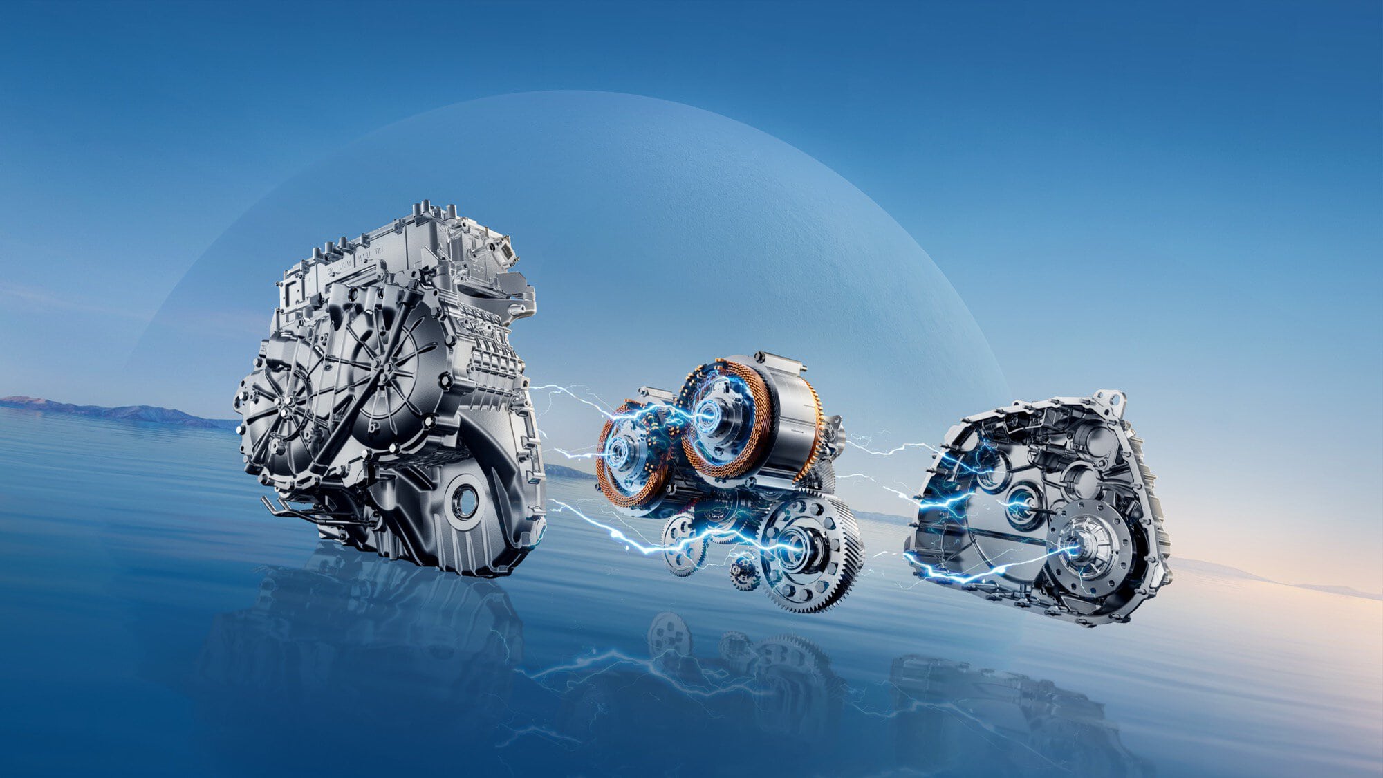 Motori elettrici e componenti tecnologici di auto ibride e elettriche in funziona con effetti di energia e fulmini in background.