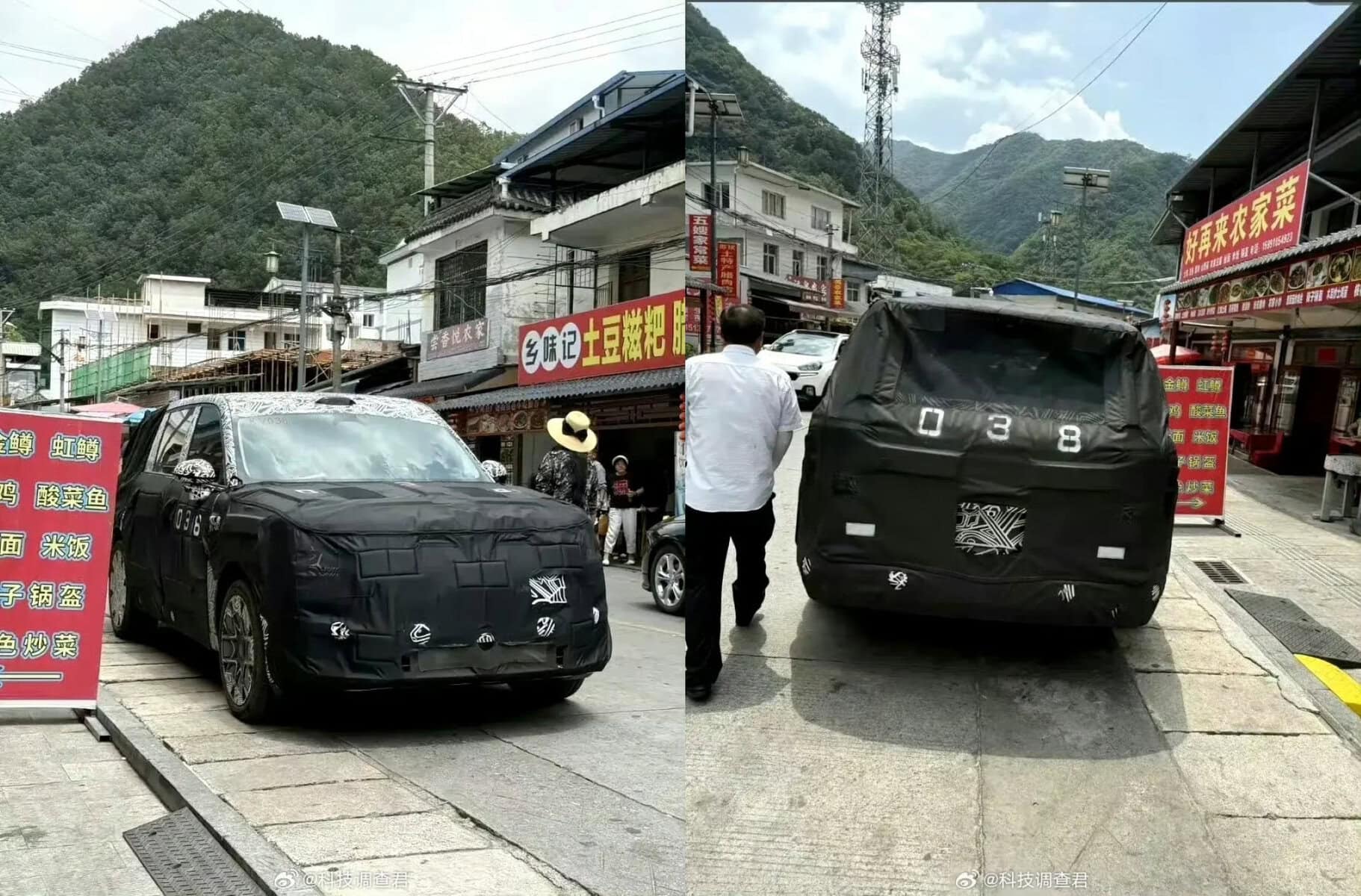 Auto in fase di test con copertura camouflage in strada montagnosa, in attesa di presentazione ufficiale.