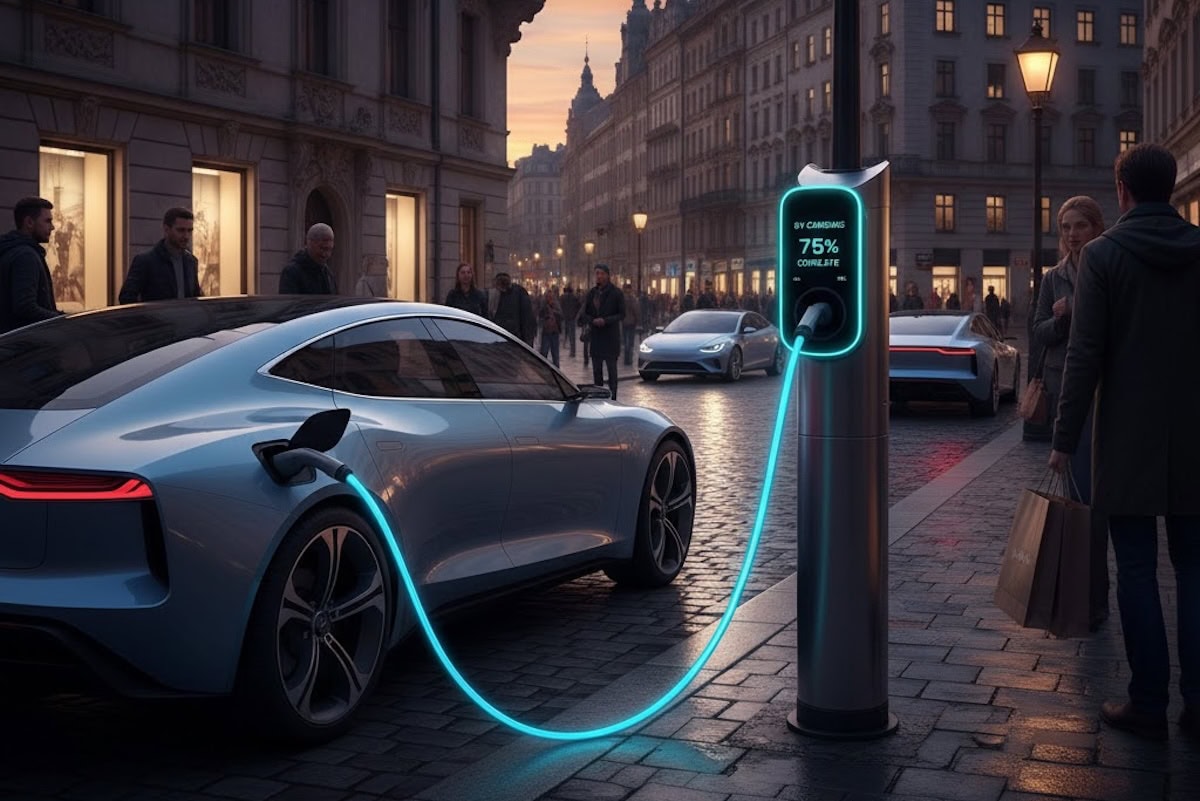 Auto elettrica in ricarica presso stazione di ricarica pubblica, città di sera, tecnologia di ricarica rapida per auto ibride e elettriche, sostenibilità e mobilità elettrica.