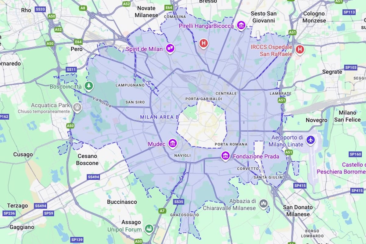 Area B Milano, mappa della città con le principali vie e punti di interesse, come aeroporti e ospedali, in formato digitale.