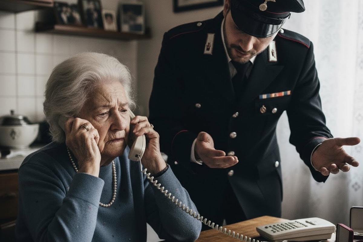 Truffa del finto carabiniere con anziana signora al telefono in cucina.