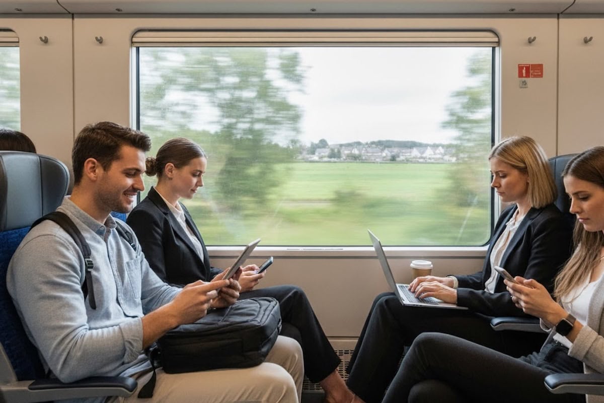 Persone che viaggiano in treno utilizzando il wifi con dispositivi mobili e laptop durante il tragitto.