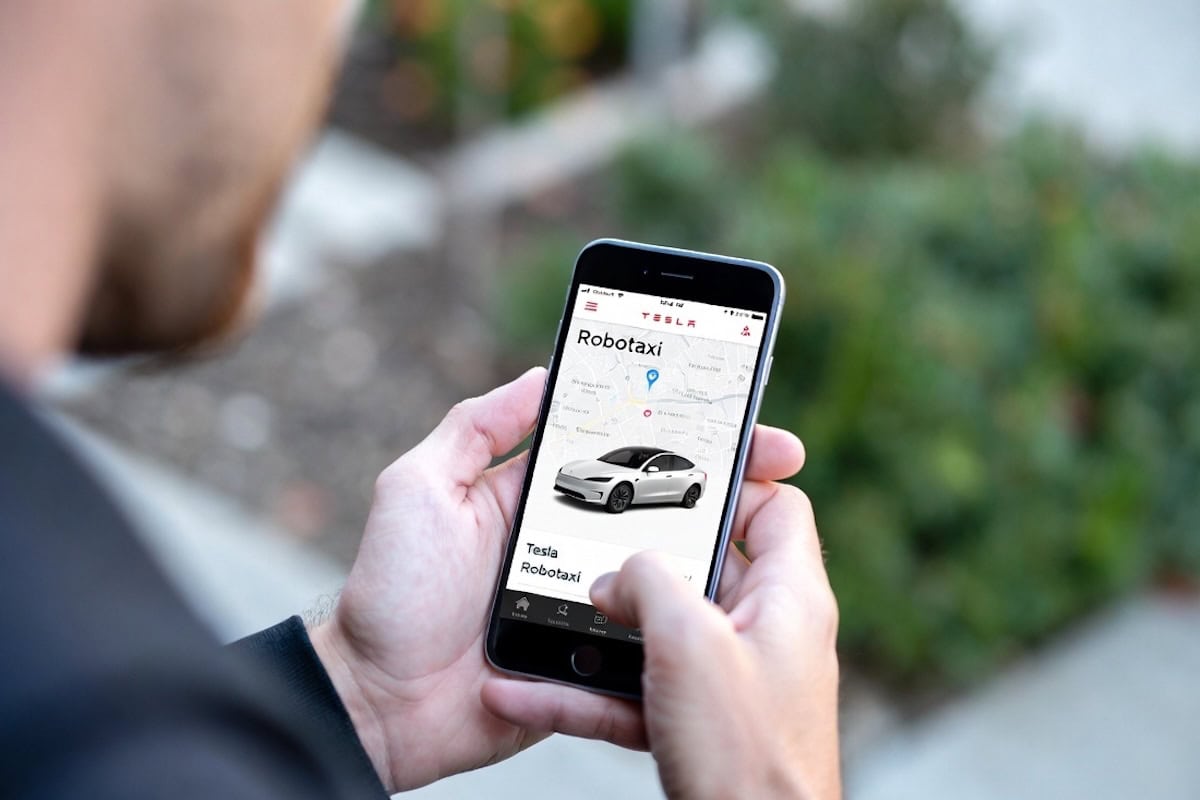 App per prenotare taxi robotici, interfaccia smartphone con mappa e auto moderna in evidenza.
