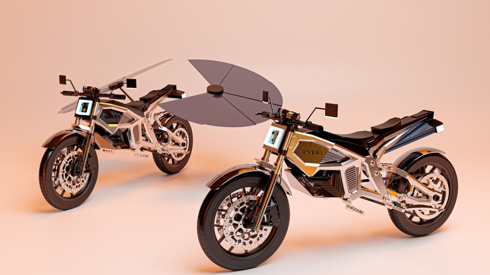 Moto Solaris futuristica a energia solare con tecnologia avanzata, design innovativo, compatta e high-tech ideale per spostamenti sostenibili e moderni.