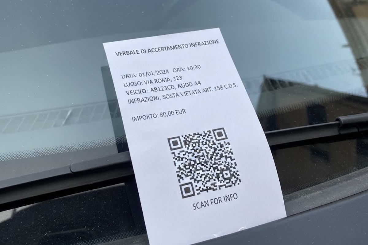Verbalizzazione infrazione stradale, verbale di multa parcometro, contravvenzione su auto con QR code, sanzione per divieto di sosta, multa parcheggio, infrazione veicolo, infrazione su strada, controllo verbale di infrazione.