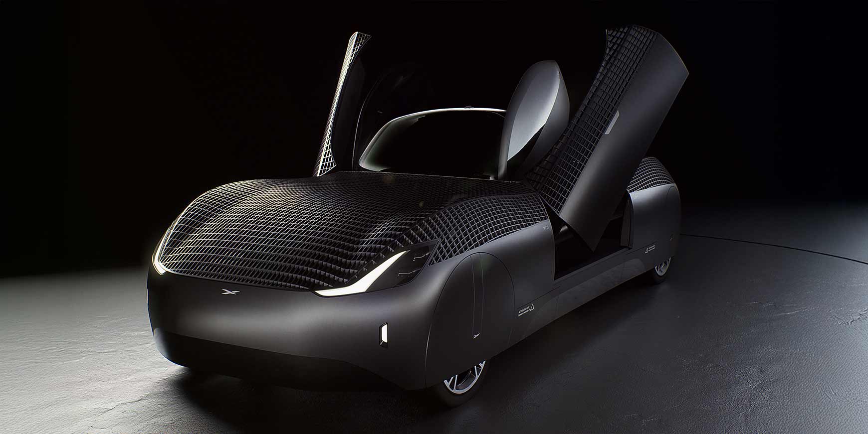 Auto elettrica futuristica, design aerodinamico e innovativo, veicolo di concept con porte a ali di gabbiano, tecnologia avanzata e stile rivoluzionario.