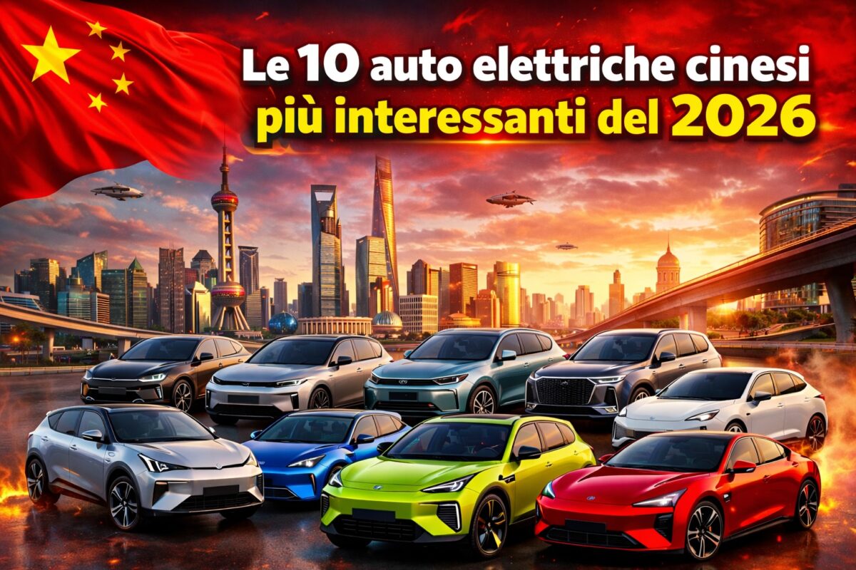Auto elettriche cinesi 2026, Shanghai skyline, gamma colori vivaci, bandiera Cina, giornata.