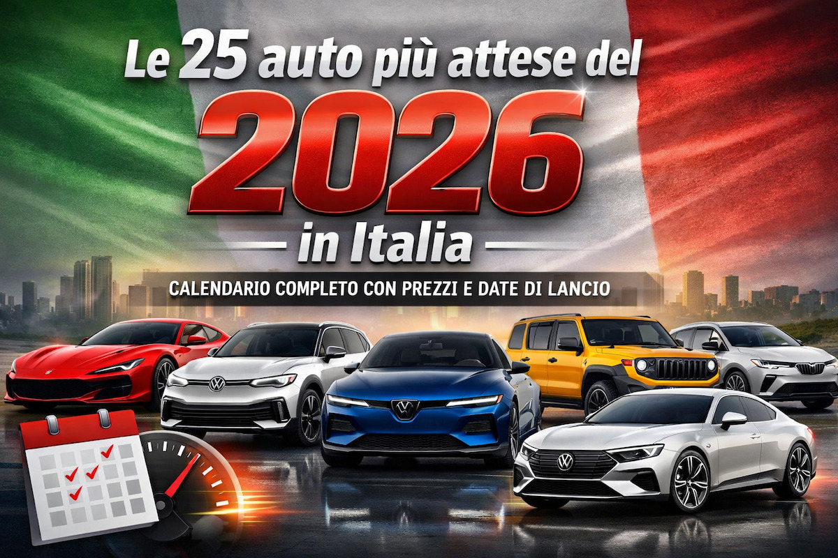 Auto attese 2026 Italia, vari modelli in primo piano, bandiera italiana sullo sfondo, contesto urbano.