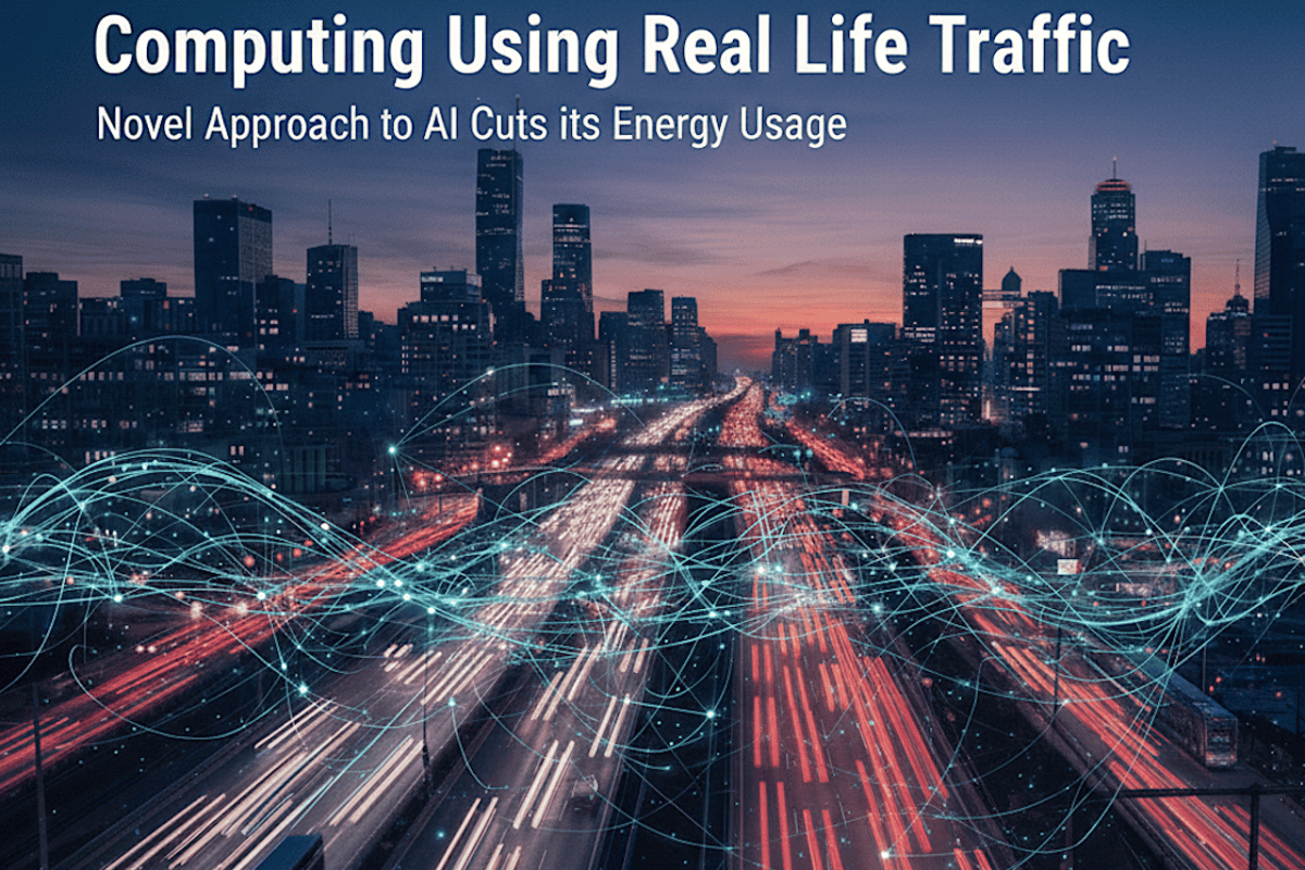 AI gestisce traffico reale in città, illuminazione notturna, flussi dati visibili sopra strade, skyline urbano sullo sfondo.