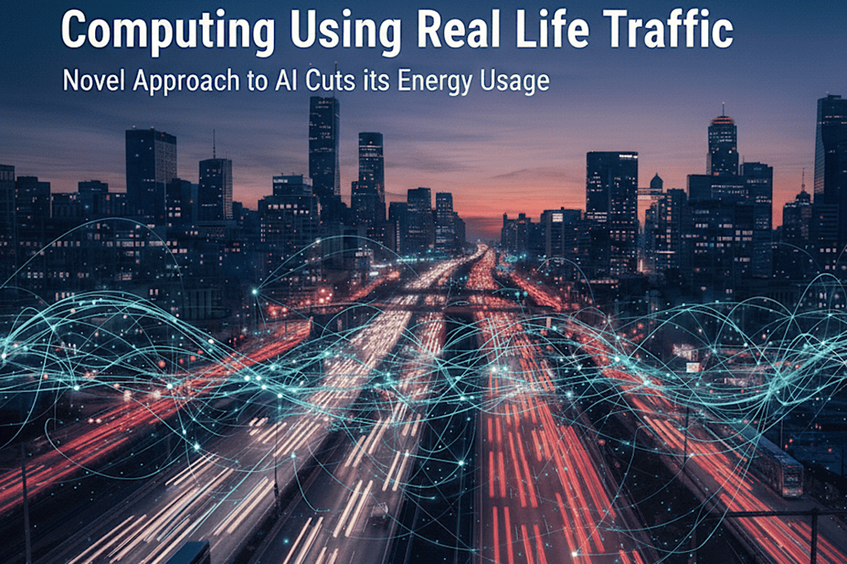 AI gestisce traffico reale in città, illuminazione notturna, flussi dati visibili sopra strade, skyline urbano sullo sfondo.