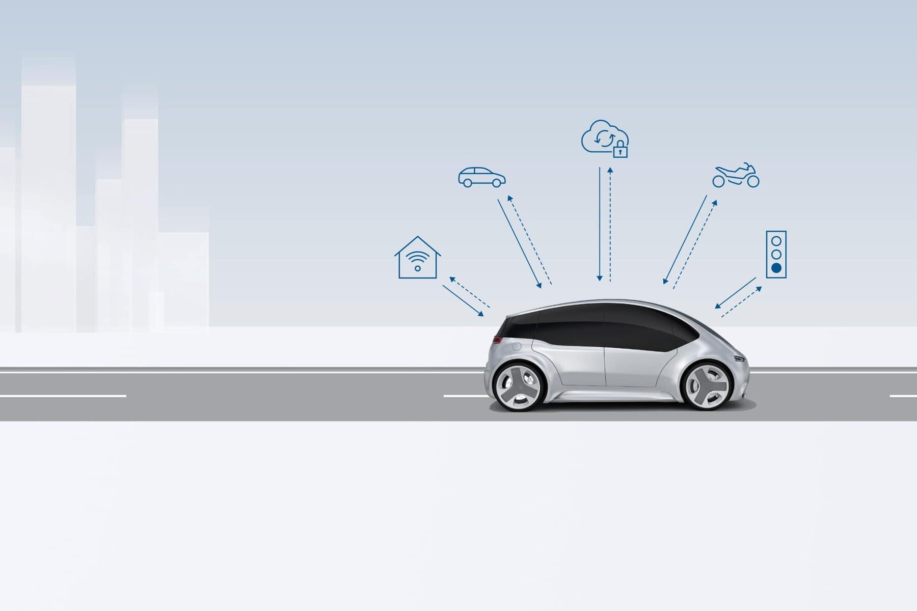 Auto 100% elettrica con tecnologia di connettività Vehicle-To-X, IoT, sensori e sistemi di sicurezza integrati, ideale per mobilità sostenibile e smart driving.