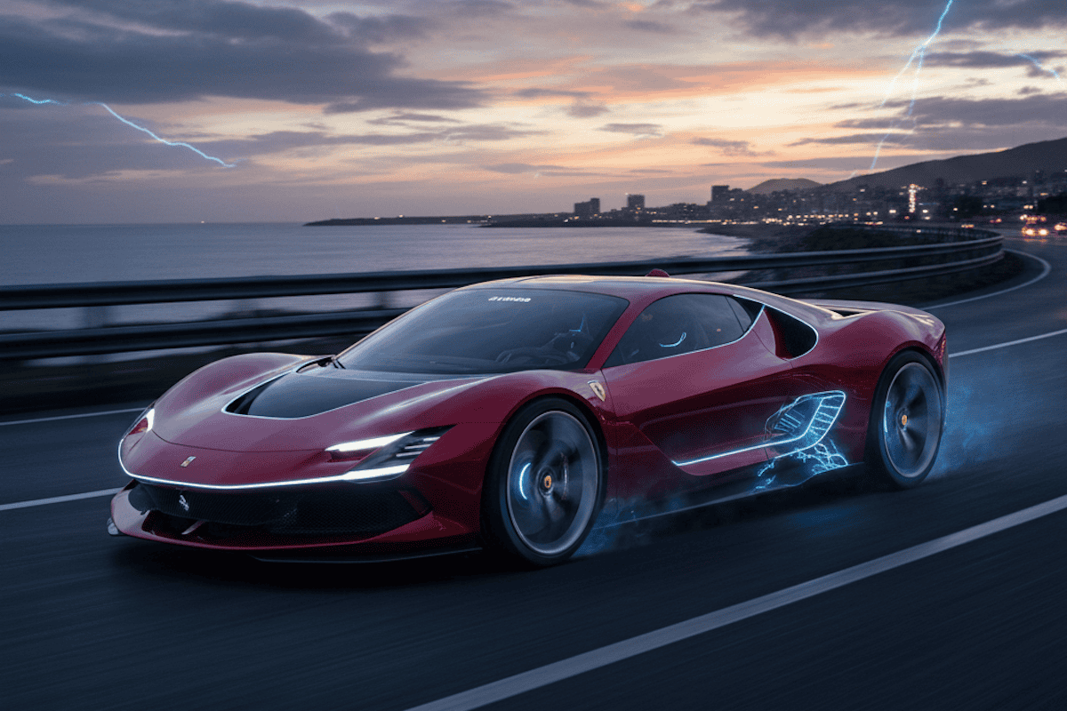 Rendering Ferrari Elettrica rossa, in corsa su strada costiera al tramonto, visuale laterale.