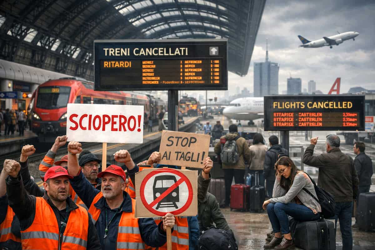 Sciopero dei trasporti in stazione, treni cancellati, viaggiatori in attesa, manifestanti con cartelli, aereo in volo.