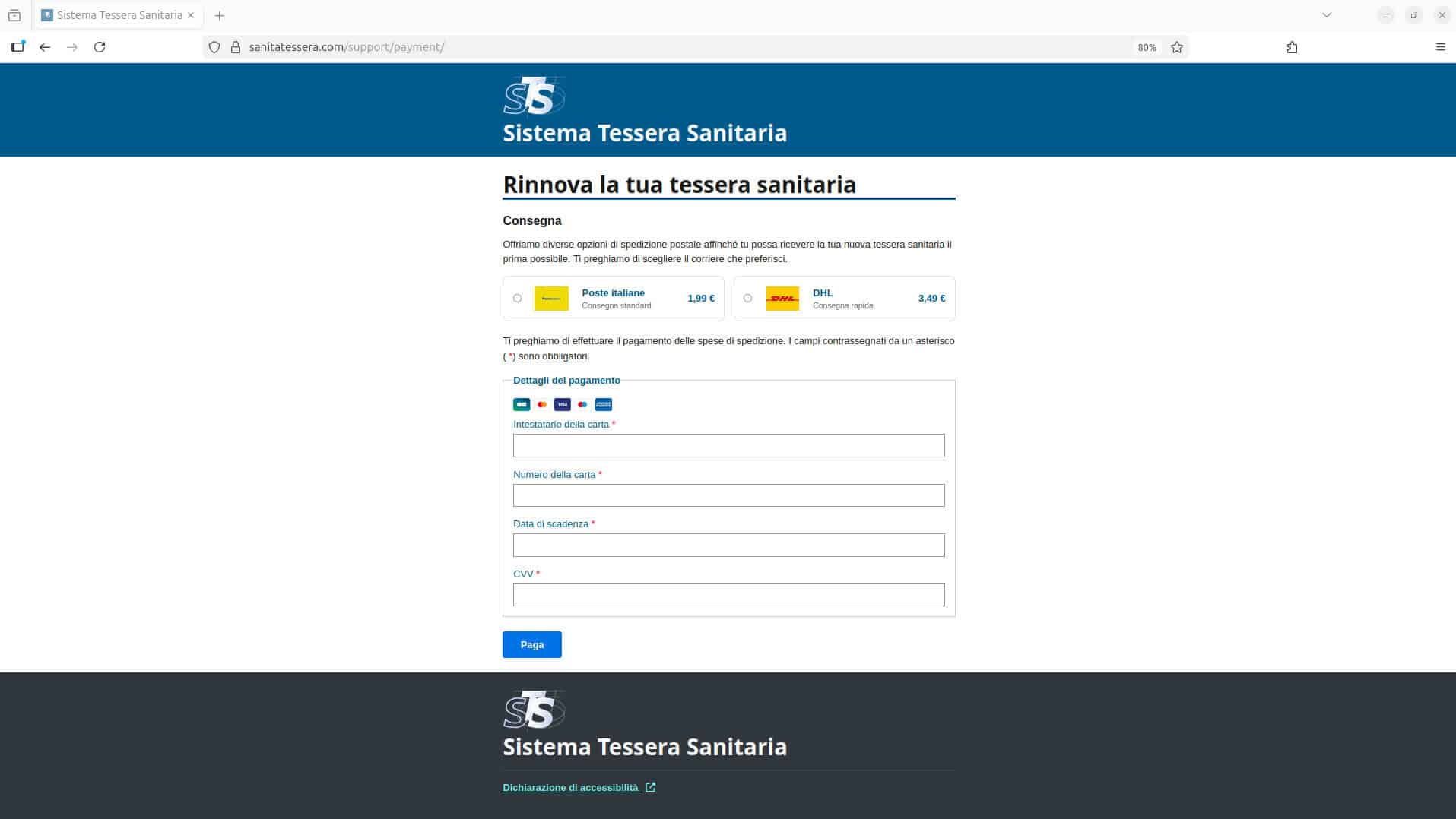 Truffa rinnovo tessera sanitaria online, pagamento con carta di credito, opzioni di consegna posta e DHL.