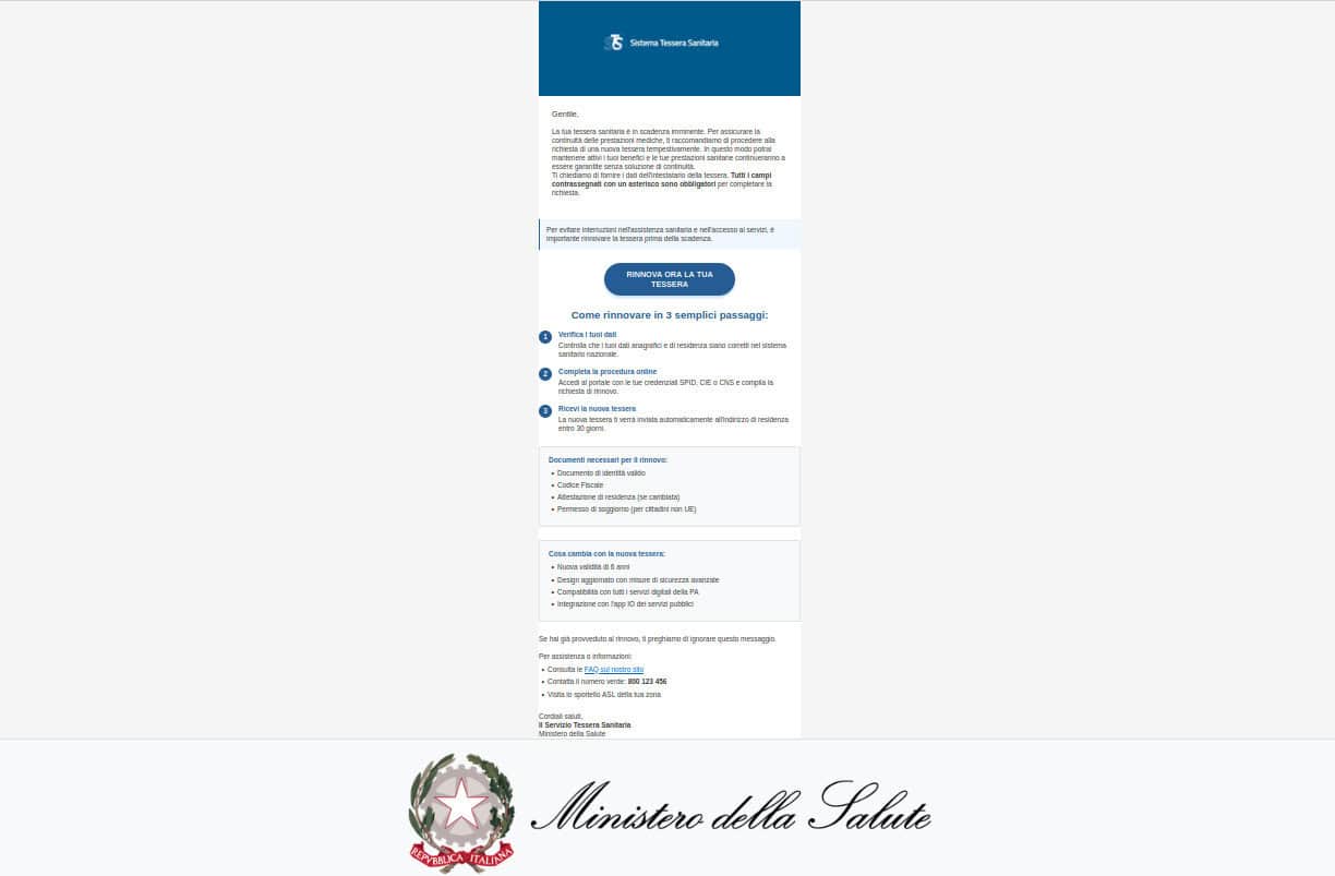 Immagine di una pagina web truffa per il rinnovo della tessera sanitaria con istruzioni e servizio digitale infermieristico.