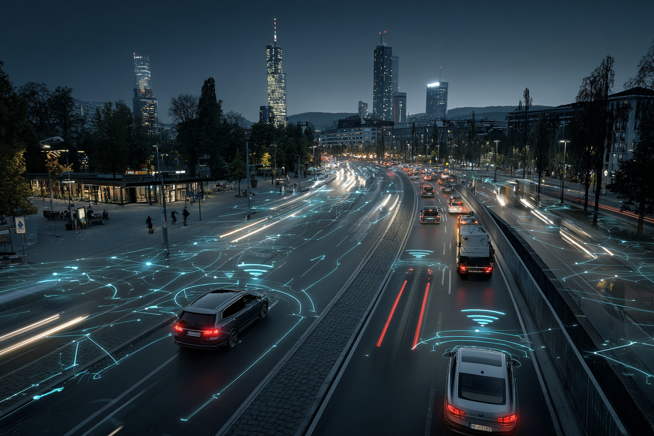 Traffico urbano notturno con auto connesse che scambiano dati digitali sulla carreggiata, a rappresentare il sistema Vehicle-to-X e la comunicazione tra auto e infrastrutture.