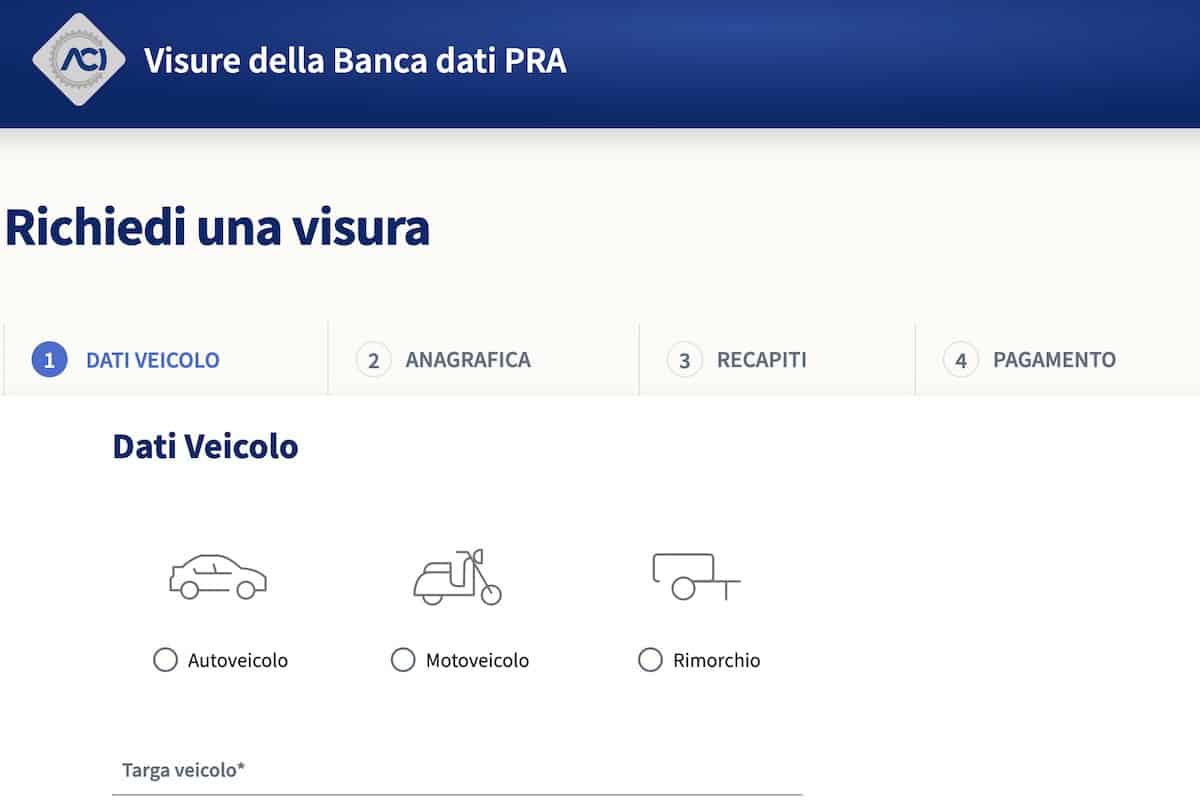 Pagina web ACI richiedi visura PRA, opzioni veicolo: autoveicolo, motoveicolo, rimorchio, schema passi compilazione.