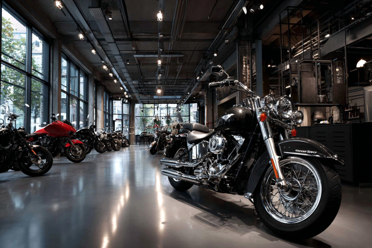 Harley-Davidson Heritage Softail Classic nera in showroom, vista anteriore, affiancata da altre motociclette.