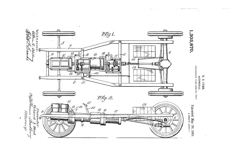Brevetto woods dual power 1310870, vista laterale e dall'alto, disegni tecnici, componenti meccanici.