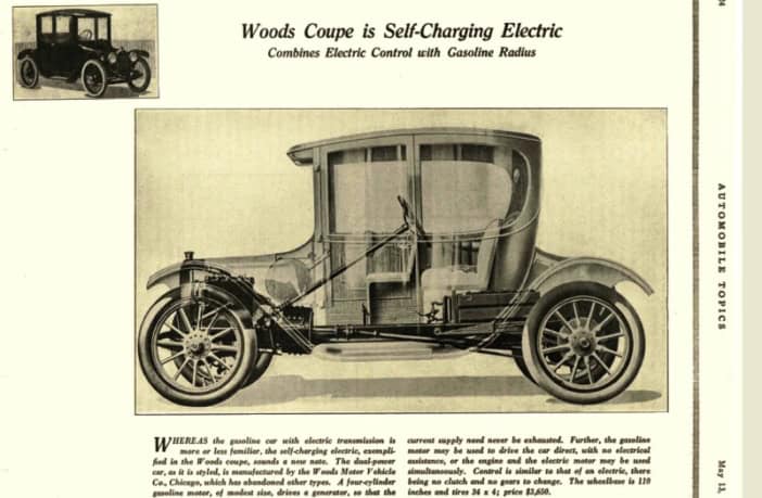 Woods Coupe, auto elettrica autoricaricante, vista laterale, illustrazione vintage in rivista Automobile Topics.