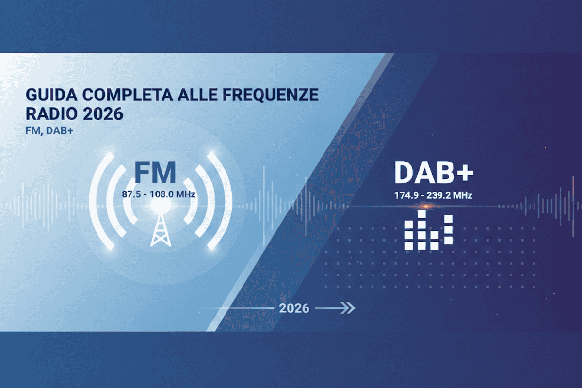 Guida frequenze radio 2026: FM 87.5-108 MHz, DAB+ 174.9-239.2 MHz, grafica blu informativa.