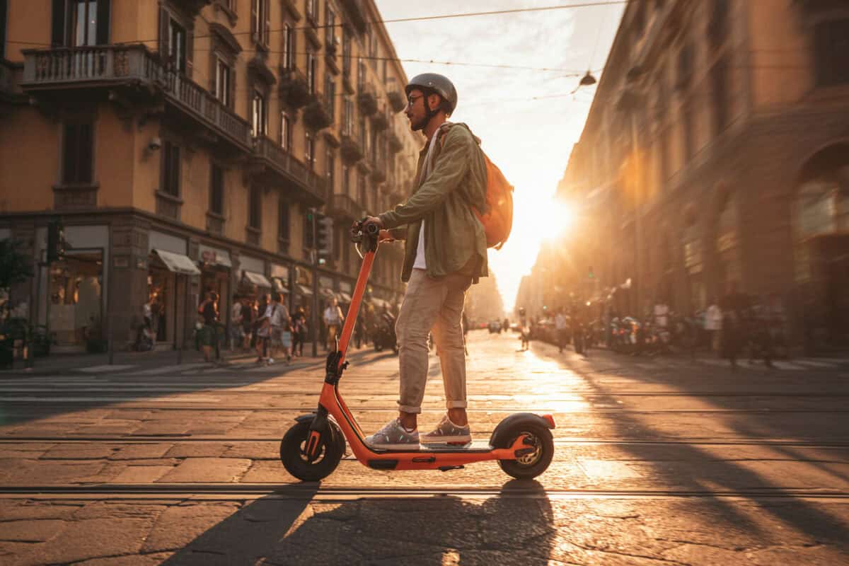 Persona su monopattino arancione in strada cittadina al tramonto, indossa casco e zaino.
