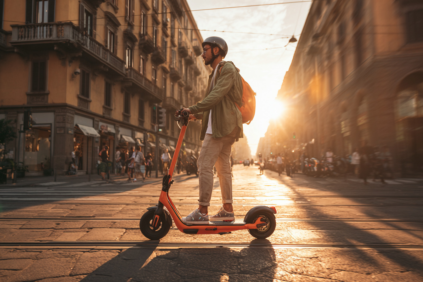 Persona su monopattino arancione in strada cittadina al tramonto, indossa casco e zaino.