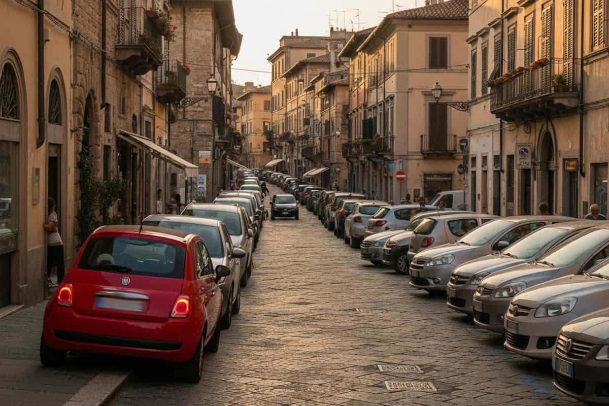 Fiat 500 rossa parcheggiata contromano, strada italiana al tramonto, auto allineate, edifici storici, vista in prospettiva.