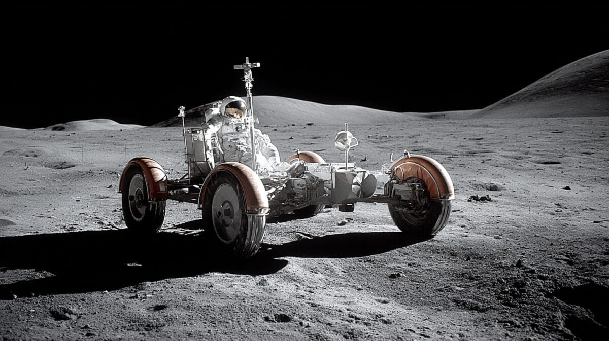 Lunar Rover sulla superficie lunare con astronauta a bordo, scattata di giorno, visione frontale su terreno polveroso.