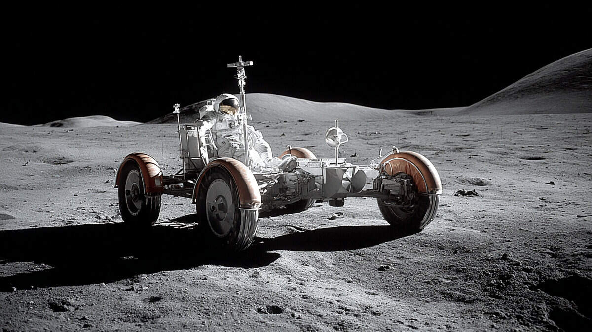 Lunar Rover sulla superficie lunare con astronauta a bordo, scattata di giorno, visione frontale su terreno polveroso.