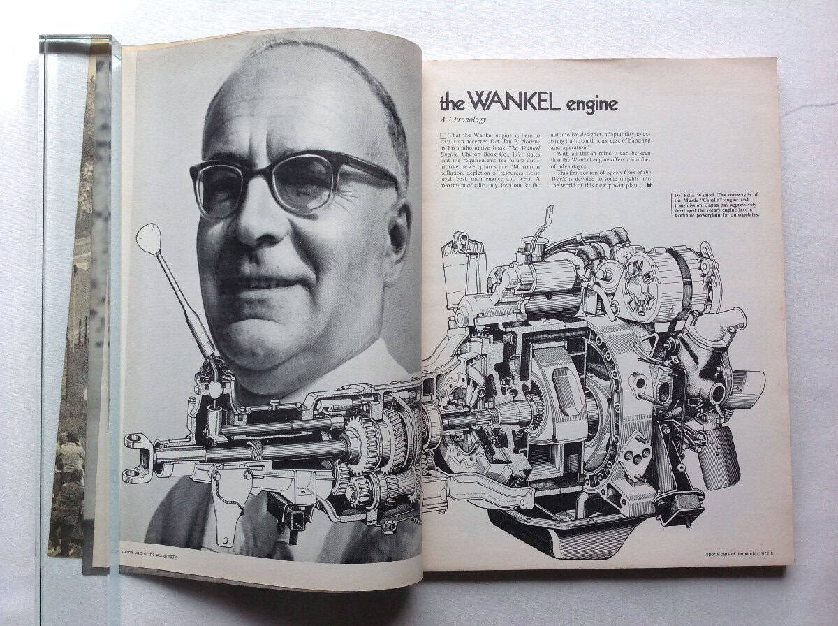 Immagine di un libro aperto con ritratto e illustrazione di un motore Wankel, ingegneria automobilistica.