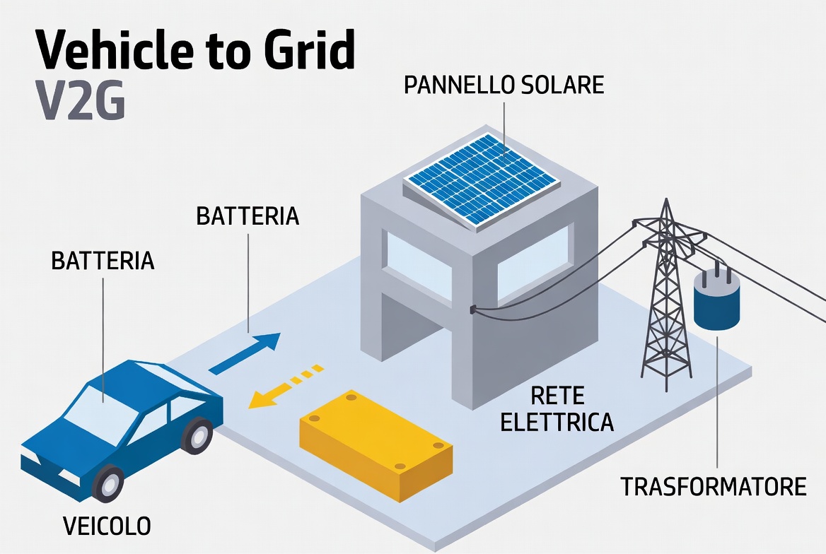 Schema semplificato del V2G che mostra un’auto elettrica collegata a una batteria, a un edificio con pannello solare e alla rete elettrica tramite trasformatore. Il disegno evidenzia il flusso di energia tra accumulo, abitazione e rete.