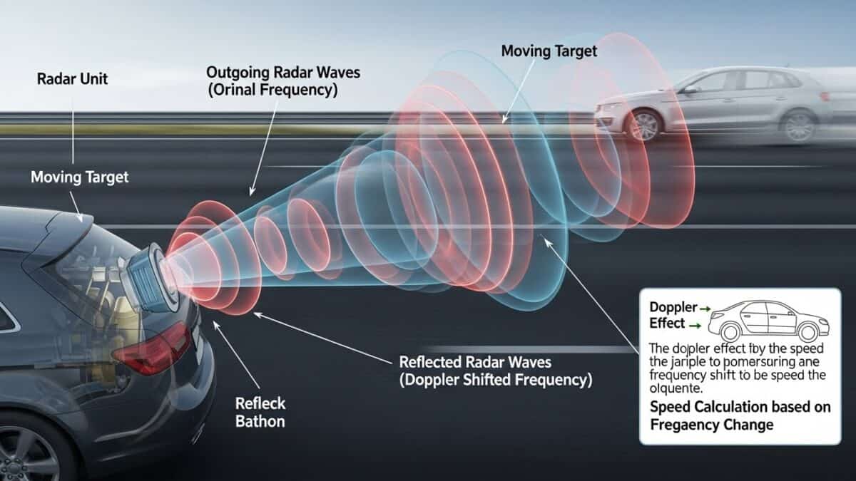 Alt="Sistema di rilevamento radar frontale di veicoli e ostacoli, con diagramma delle onde radar, target mobile e effetto Doppler per assistenza alla guida e sicurezza stradale".