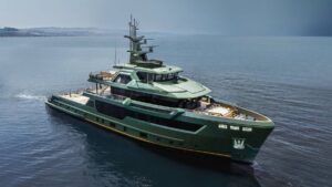 Yacht di lusso moderna in mare, imbarcazione clubbing e crociera, design elegante e avanzato, motore potente e comfort di alto livello, foto di nautica e imbarcazioni premium.