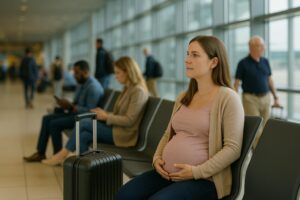Donna incinta seduta in aeroporto luminoso, in attesa del volo, con valigia e altri passeggeri sullo sfondo