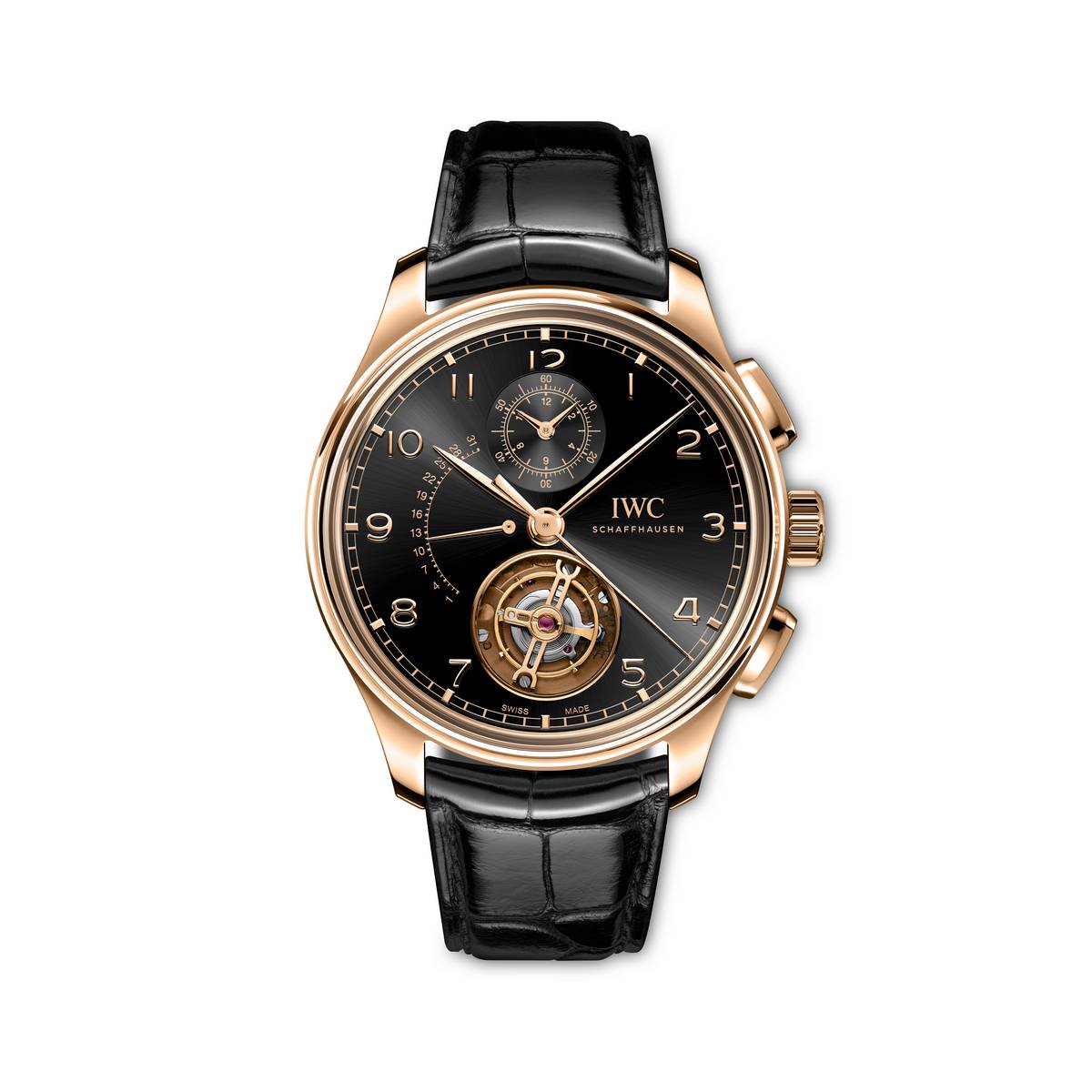 Quadrante nero con cassa in oro rosa, tourbillon a ore 6, cinturino nero lucido per eleganza IWC Portugieser 2025