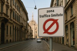 Cartello zona traffico limitato nel Quadrilatero della moda a Milano