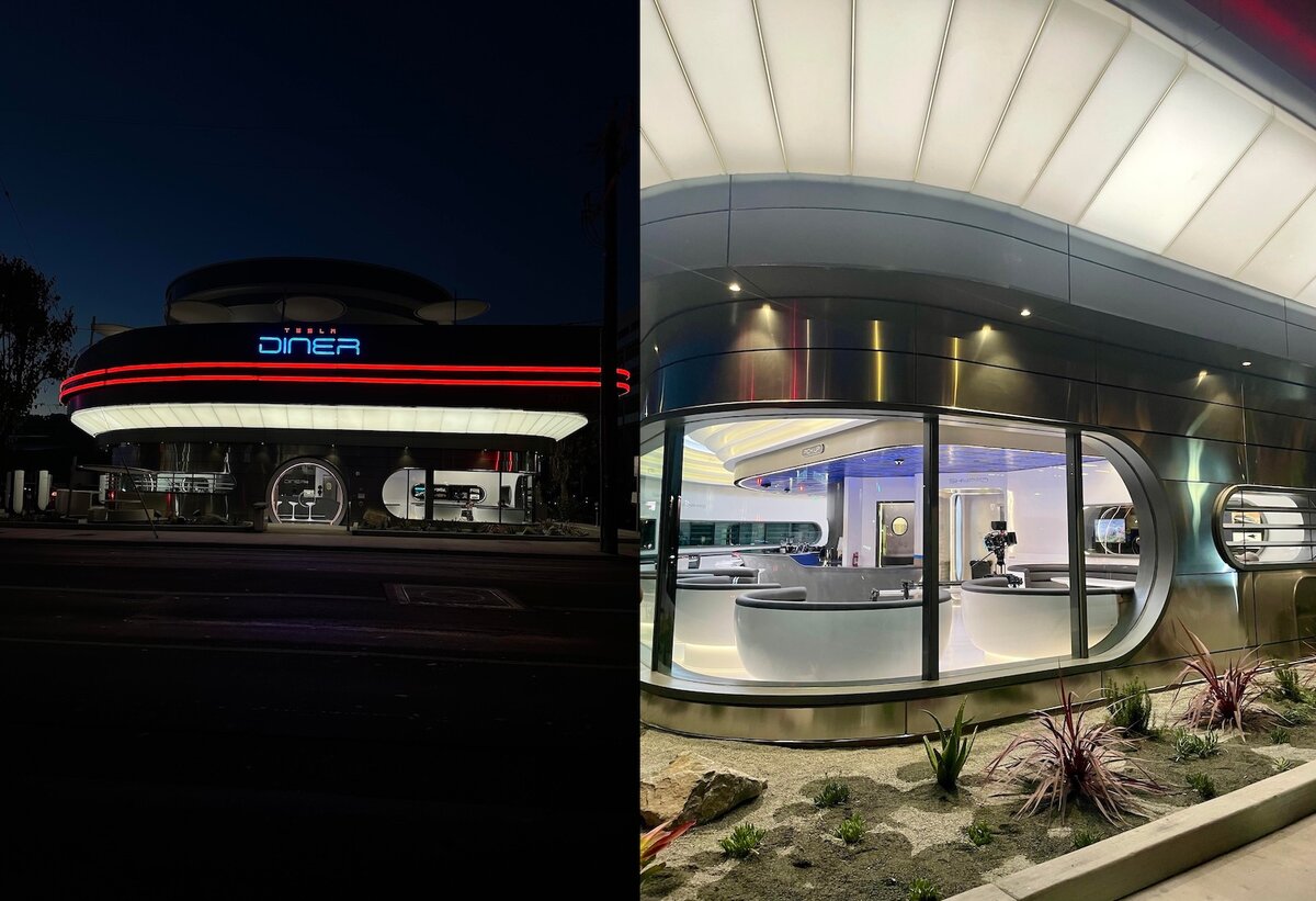 Tesla Diner a Hollywood con vista notturna della facciata illuminata e dettaglio degli interni futuristici con arredamento rétro-moderno