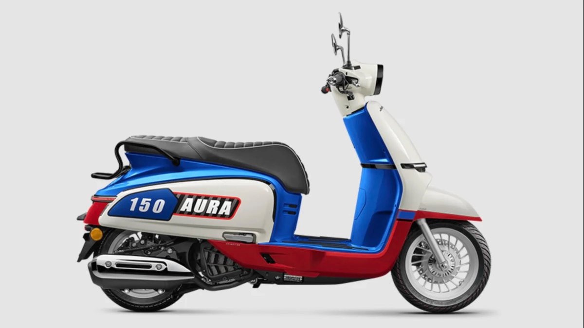 Scooter Aura 150 bicolore blu bianco rosso visto di profilo.