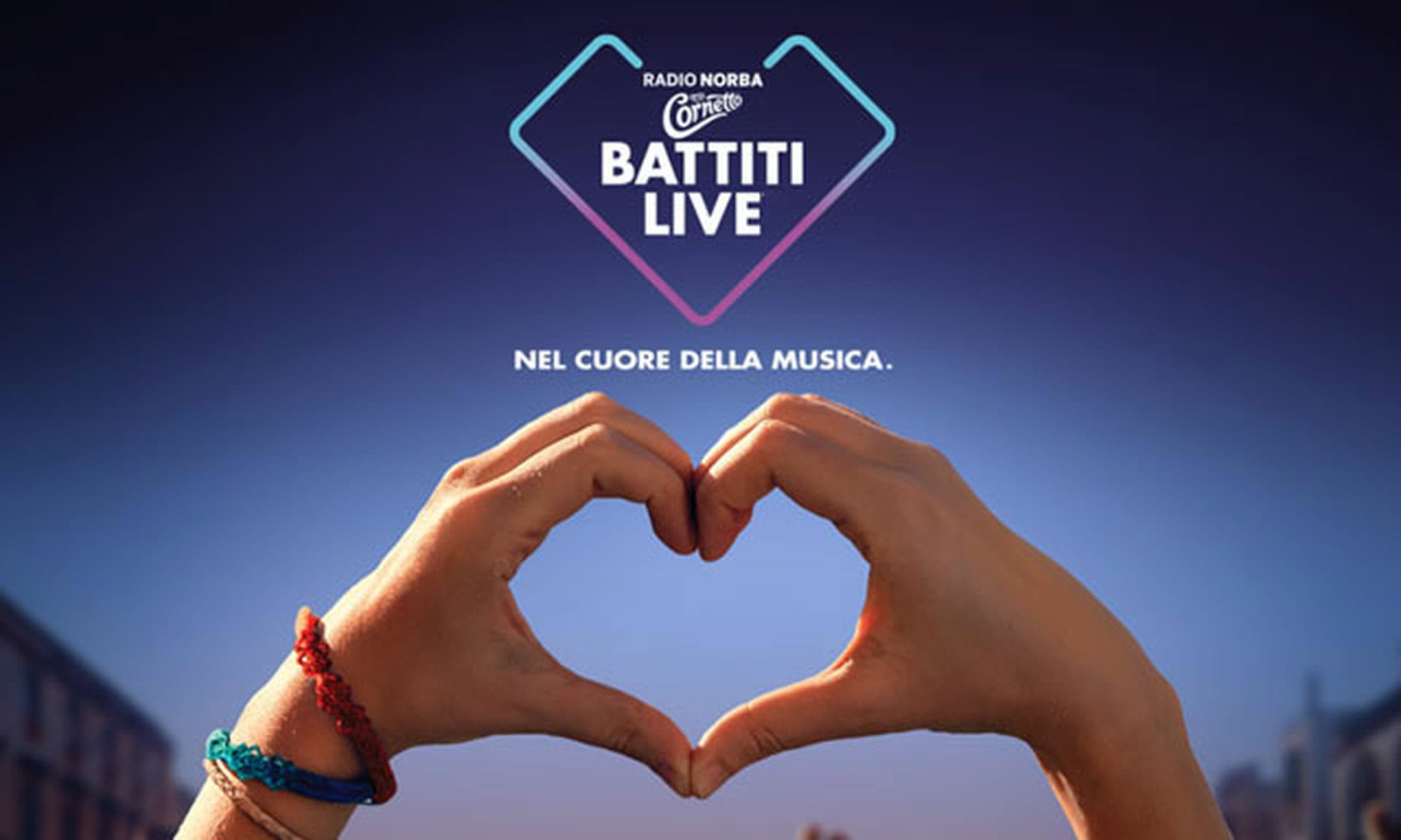 Logo Battiti Live Radio Norba con mani a cuore e slogan nel cuore della musica.