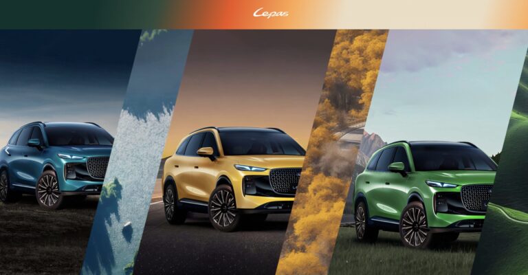 Tre SUV Lepas L8 di diversi colori su sfondi stagionali, evidenziando le varianti cromatiche e lo stile dinamico del modello. L'immagine mostra il SUV in blu, giallo e verde in ambientazioni naturali.
