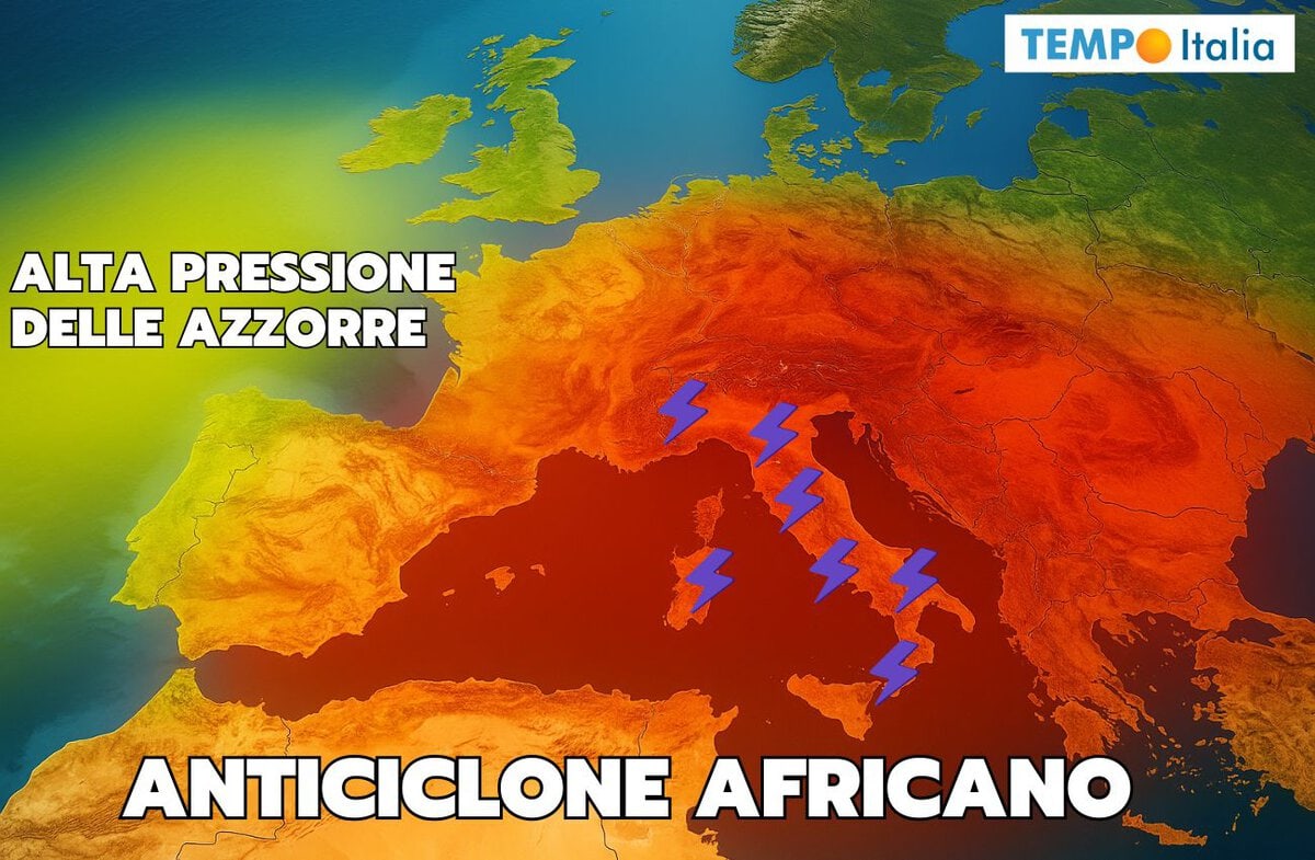 Mappa meteo dell’Europa con alta pressione delle Azzorre a ovest e anticiclone africano sul Mediterraneo, con fulmini sull’Italia a indicare temporali.
