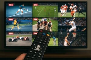 Telecomando IPTV pirata davanti a TV con pezzotto con canali sportivi in streaming illegale.