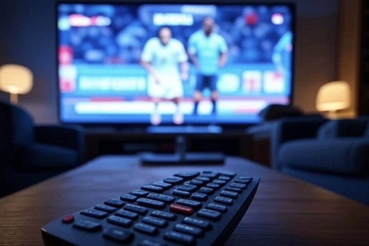 Primo piano di un telecomando puntato verso una TV che mostra una partita di calcio in streaming, in un salotto con luci soffuse. Rappresenta l’uso del pezzotto gratis per vedere eventi sportivi.