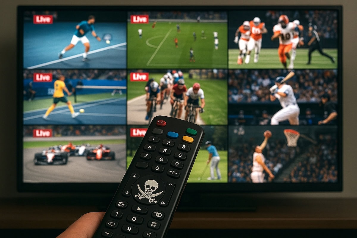 Telecomando IPTV pirata davanti a TV con pezzotto con canali sportivi in streaming illegale.