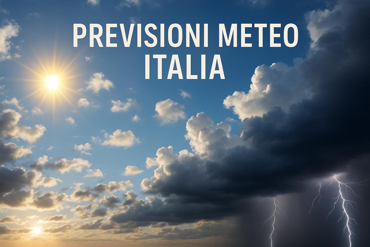Cielo diviso tra sereno con sole a sinistra e nuvole scure con fulmini a destra, con la scritta "Previsioni meteo Italia" al centro. Rende visiva la variabilità del meteo sul territorio italiano.