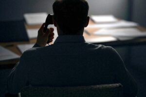 Uomo al buio di spalle mentre parla al telefono, in un contesto che richiama la truffa del finto maresciallo o del finto incidente