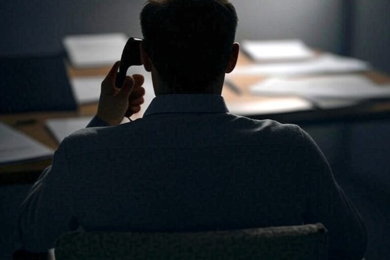 Uomo al buio di spalle mentre parla al telefono, in un contesto che richiama la truffa del finto maresciallo o del finto incidente